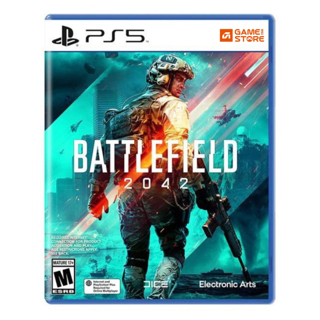 Battlefield 2042 PS5 game cover showing soldiers in a futuristic warzone – FPS shooter game and top PS5 online game at great PS5 games price in Pakistan