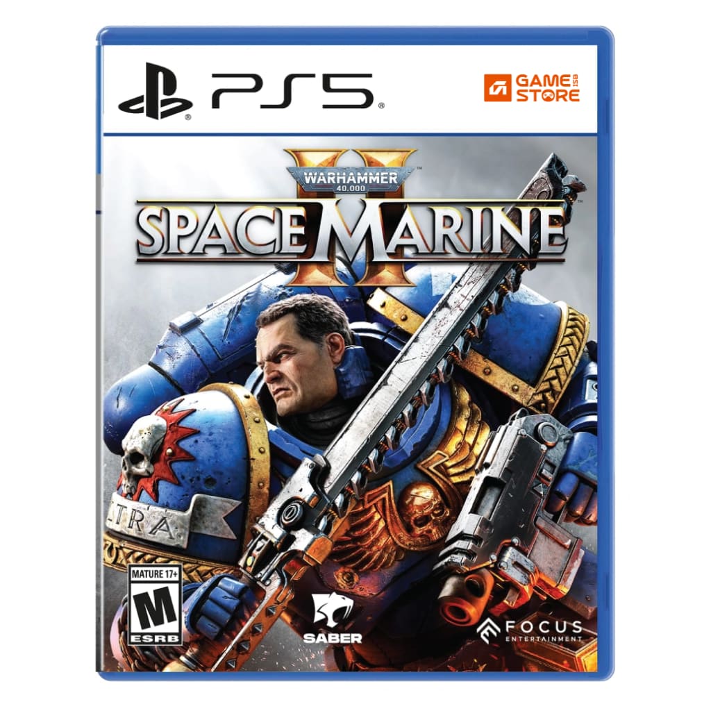 Warhammer 40000 Space Marine 2 PS5 game cover showing Space Marine Titus in full armour ready for battle - Space Marine 2 PS5