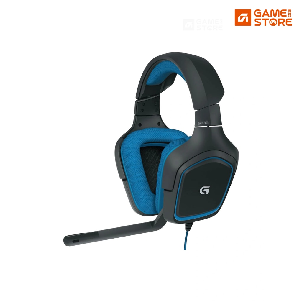 Logitech G430 7.1 surround sound gaming headset with foldable mic and blue accents