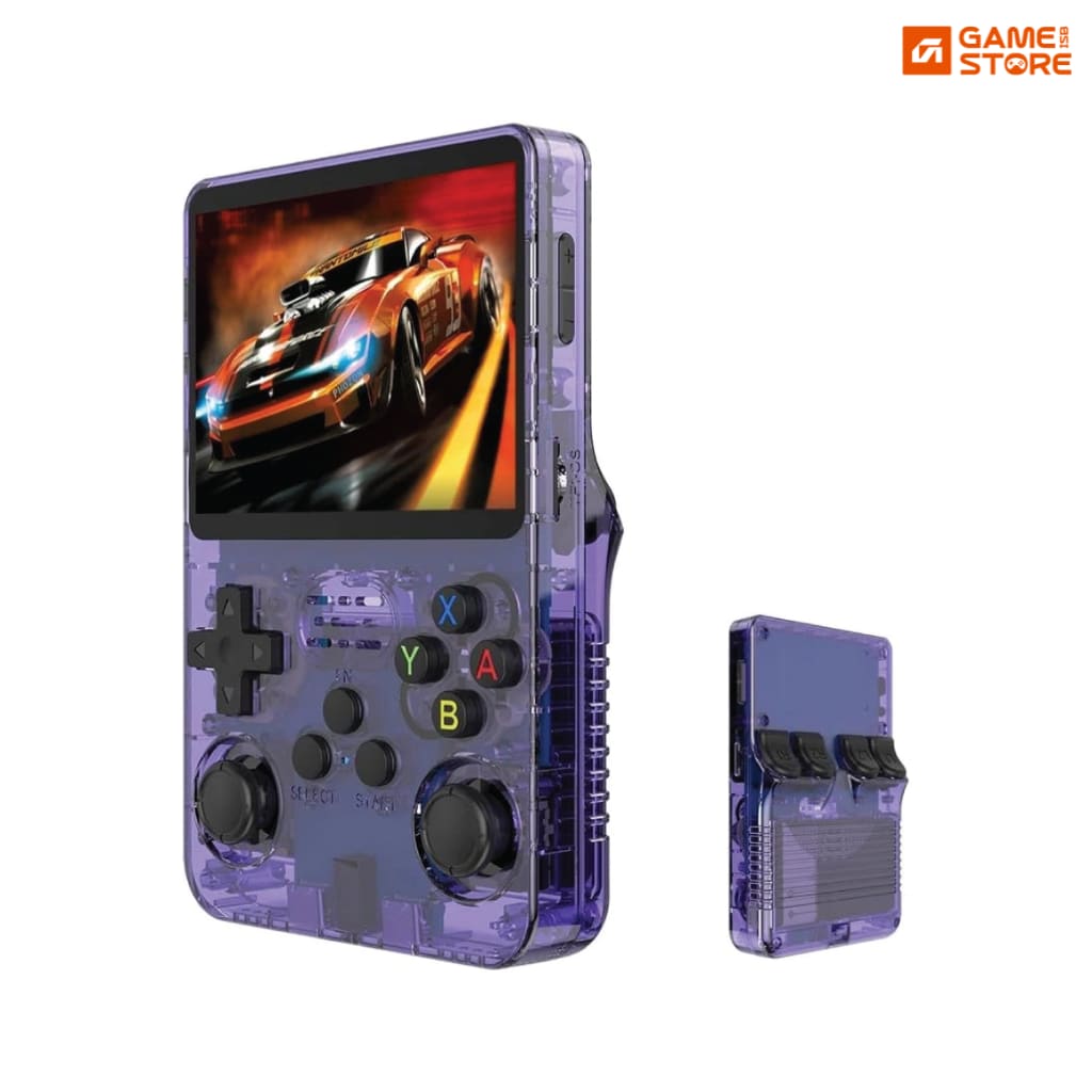 R36S 64GB retro handheld game console with 3.5 inch IPS screen showing retro games