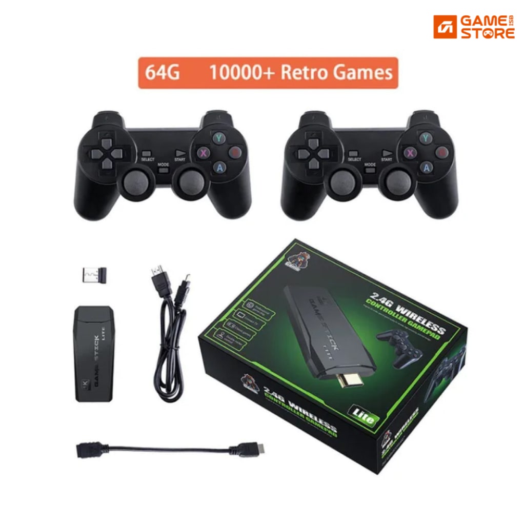 Video Game Stick Lite 4K console with wireless controllers plugged into TV for retro gaming