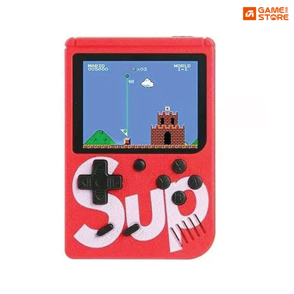 SUP Game Box Plus 400 in 1 retro handheld console held in hand showing game menu