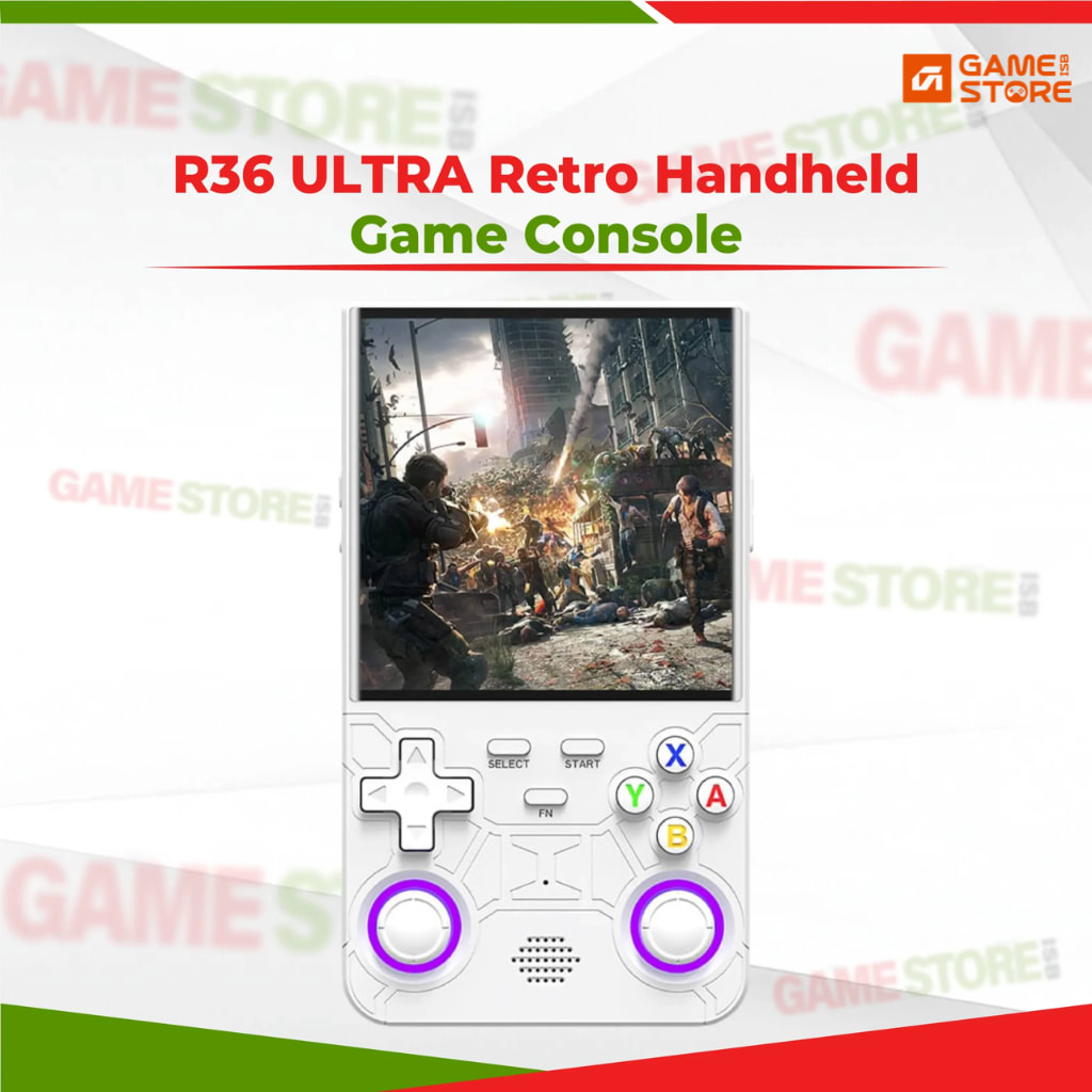 R36 Ultra retro handheld game console in hand showing classic retro game on screen