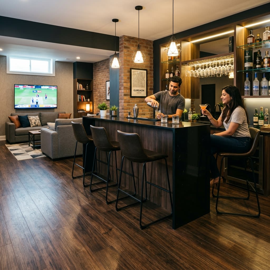Modern Basement Bar in Gurgaon with Durable Walnut SPC Floors