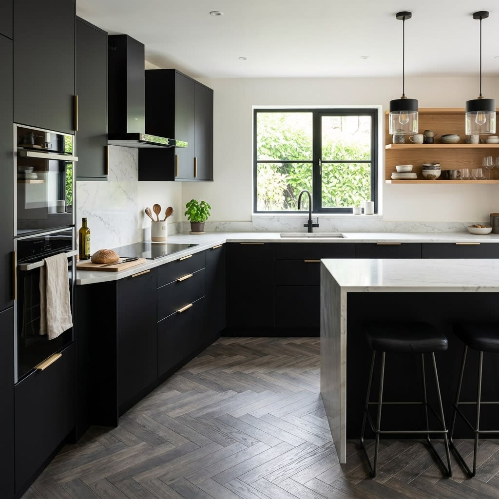 Modern High-End Kitchen with Grey Herringbone Flooring