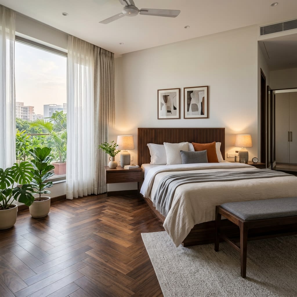 Modern Master Bedroom with Dark Walnut Herringbone Floor Delhi NCR