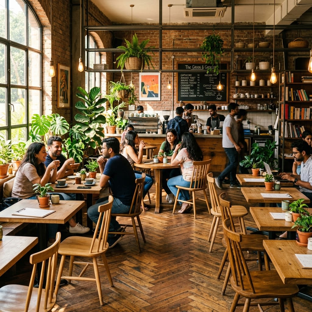 Rustic Cafe Interior with Herringbone Patterned Floors