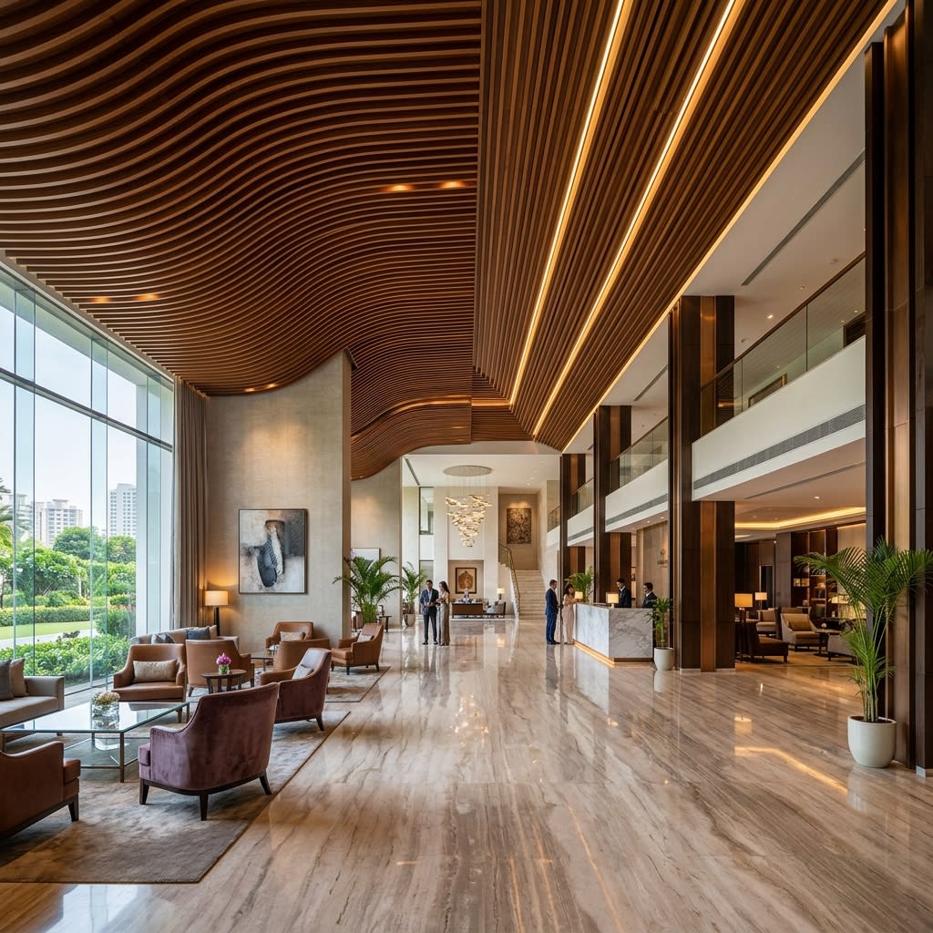 Grand Hotel Lobby in Delhi with Sophisticated Linear Baffle Design
