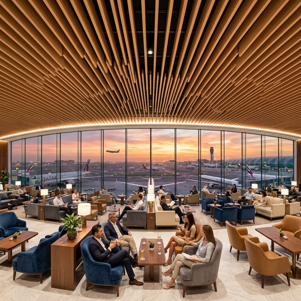 Luxury Airport Lounge with Open Airy Light-Oak WPC Baffle Ceiling