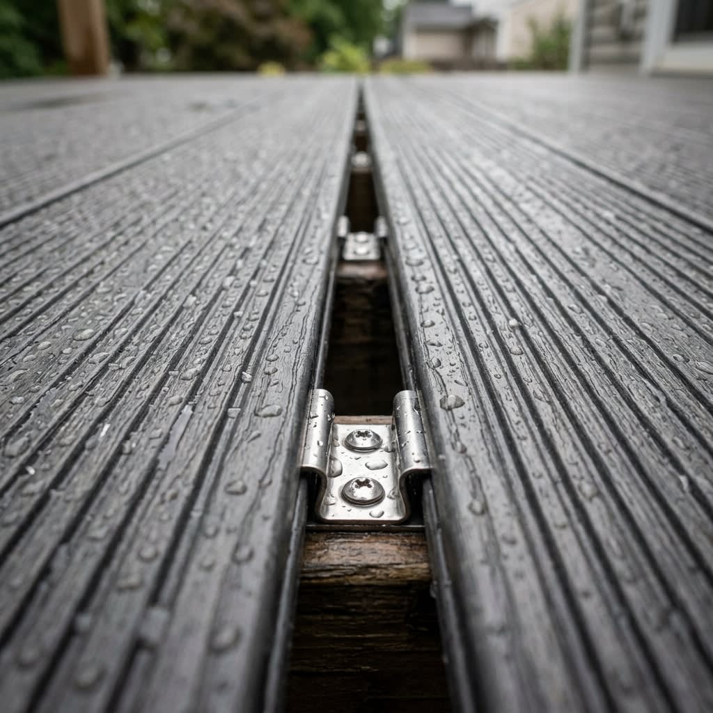 Detailed Shot of Water-Resistant WPC Decking Surface After Rain
