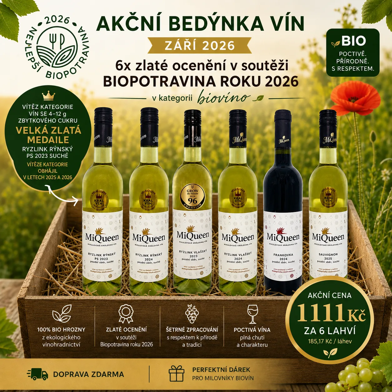 Akční bedýnka BIO vín – 6 lahví | 5 zlatých medailí | 1 velká zlatá medaile a vítěz kategorie | září 2026 – láhev vína z Vinařství MiQueen