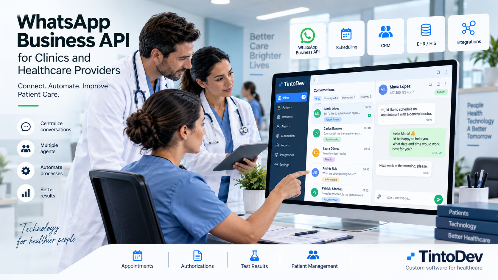 Medical team using a platform integrated with WhatsApp Business API to manage patients, messages, and requests