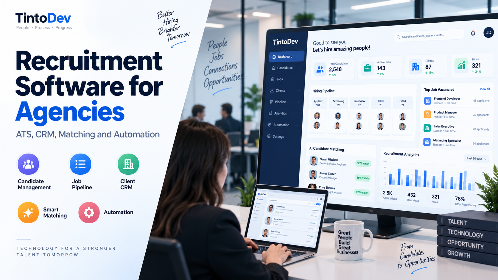 Recruitment team using ATS and CRM software to manage candidates, job openings, matching, and hiring processes