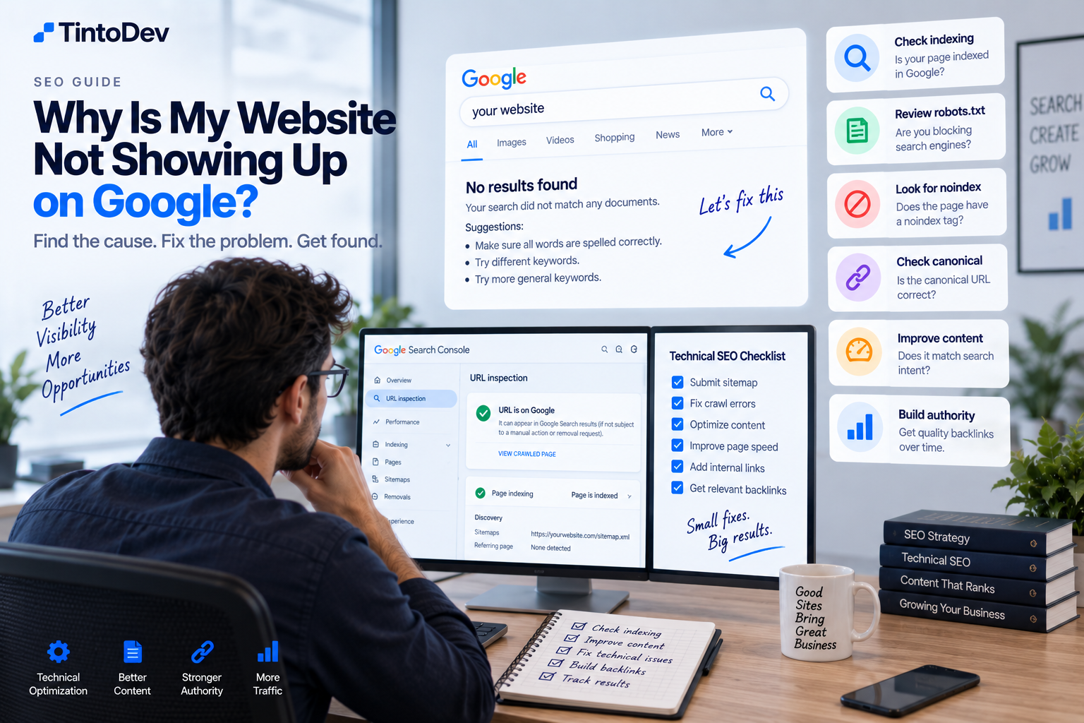 Especialista SEO revisando problemas de indexación y posicionamiento de una página web en Google