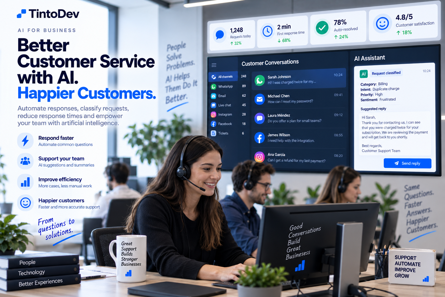 Equipo de atención al cliente utilizando inteligencia artificial para clasificar solicitudes, responder mensajes y gestionar soporte