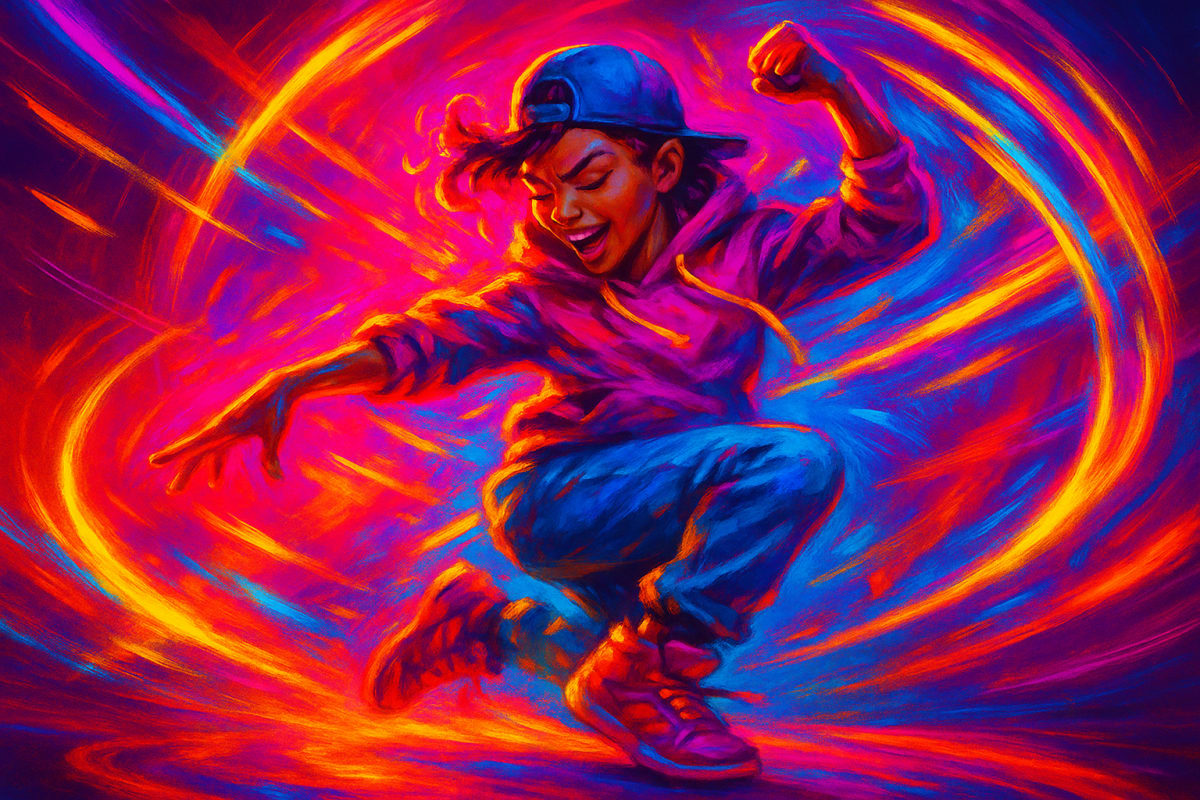 AI dance generator character dancing with neon lights and motion effects.