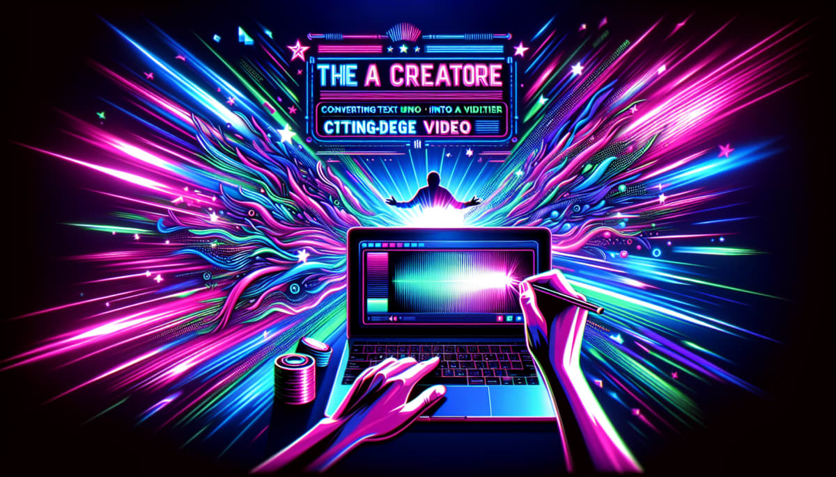 Creator using text to video AI on a laptop with vibrant colors.