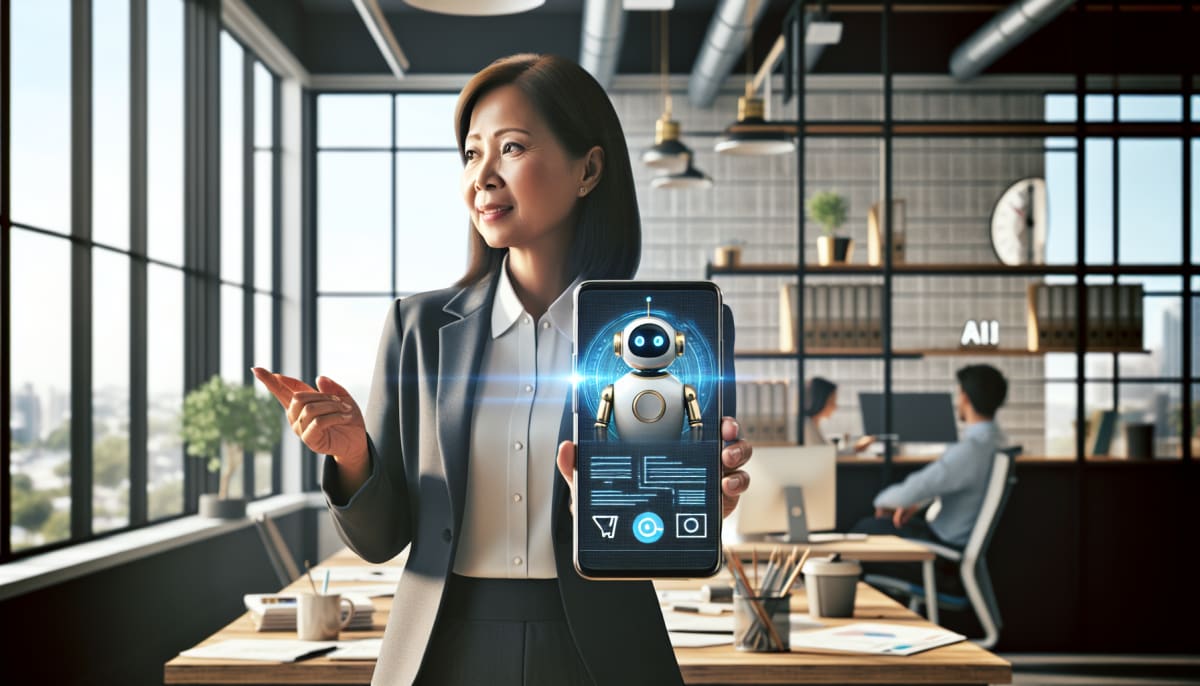 WhatsApp AI chatbot assisting a small business owner, smartphone in hand.