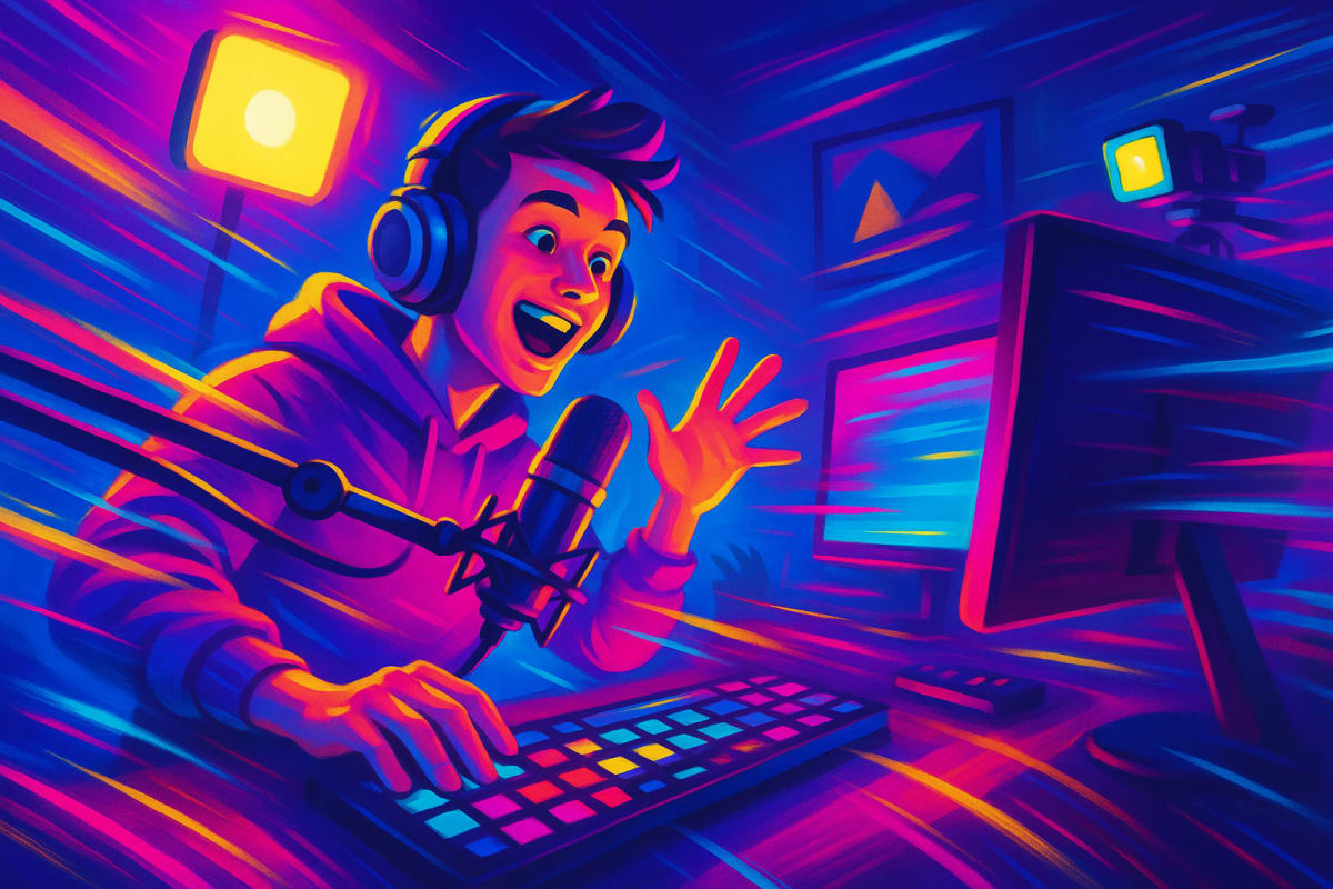 Cinematic AI video creation studio with vibrant colors and dynamic angles.