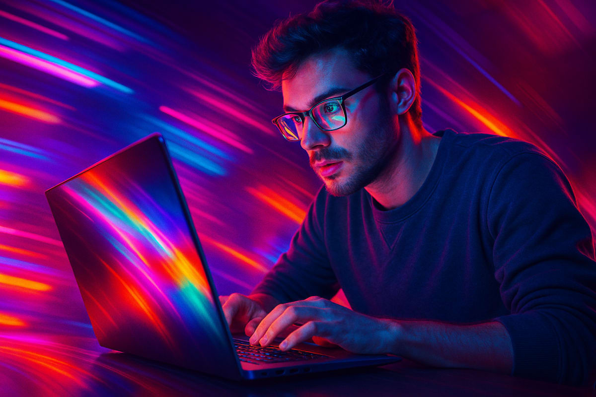AI video generator enhancing creator output with bold neon lighting.