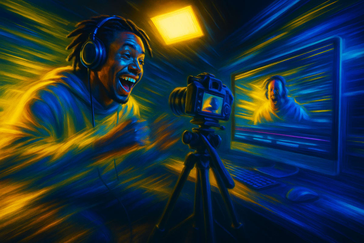 Dynamic scene of a creator studio using text to video AI.