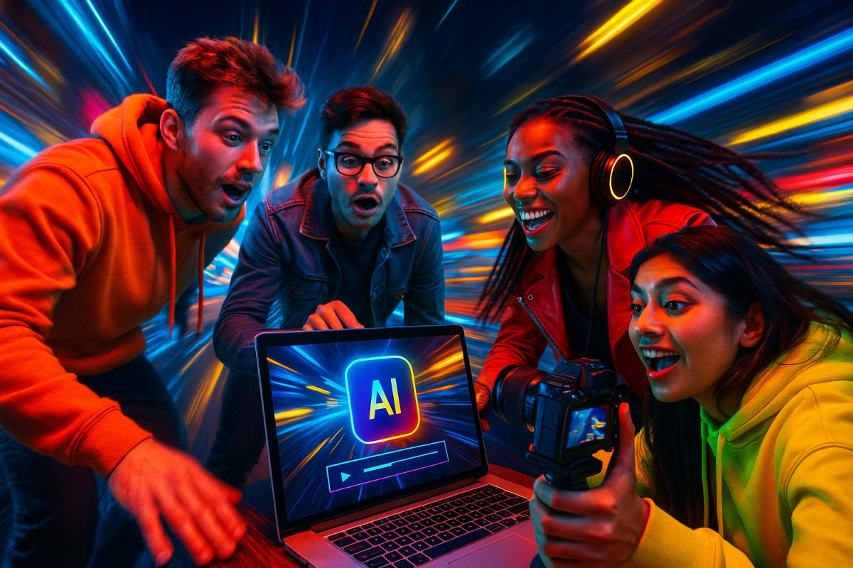 Creators using AI video tools in a vibrant, dynamic setting.