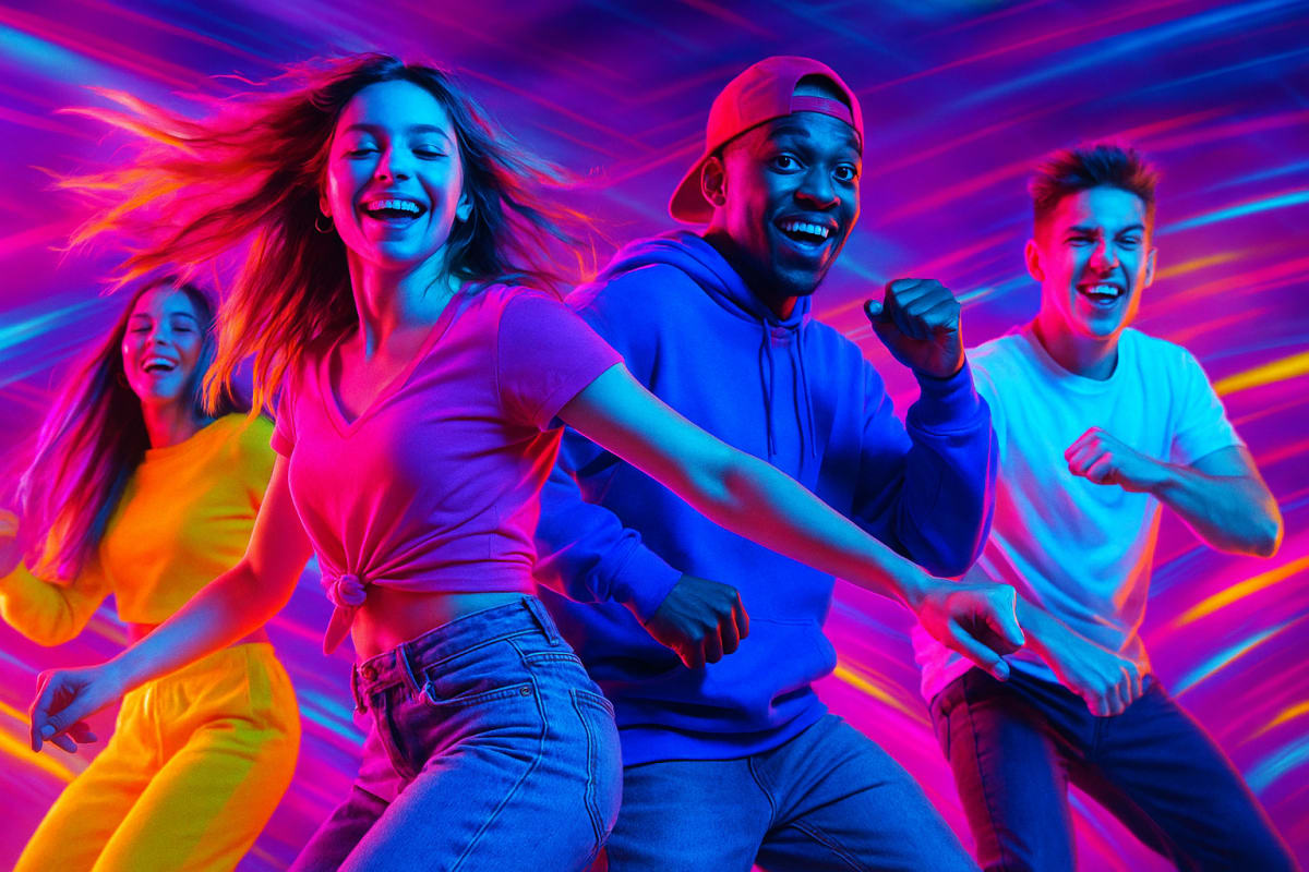Colorful AI-generated dance scene using motion transfer technology.