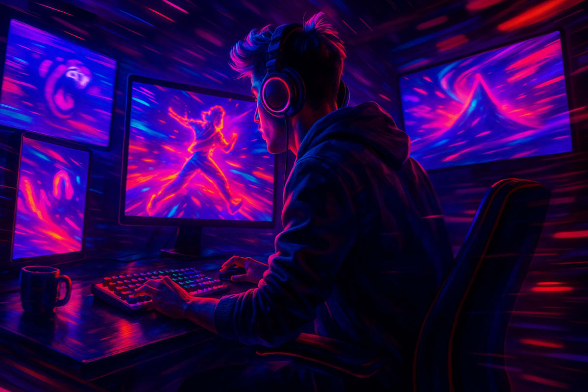 Digital creator workspace using text to video AI with vibrant animations.