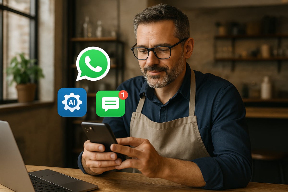 WhatsApp Business automation illustration with AI tools