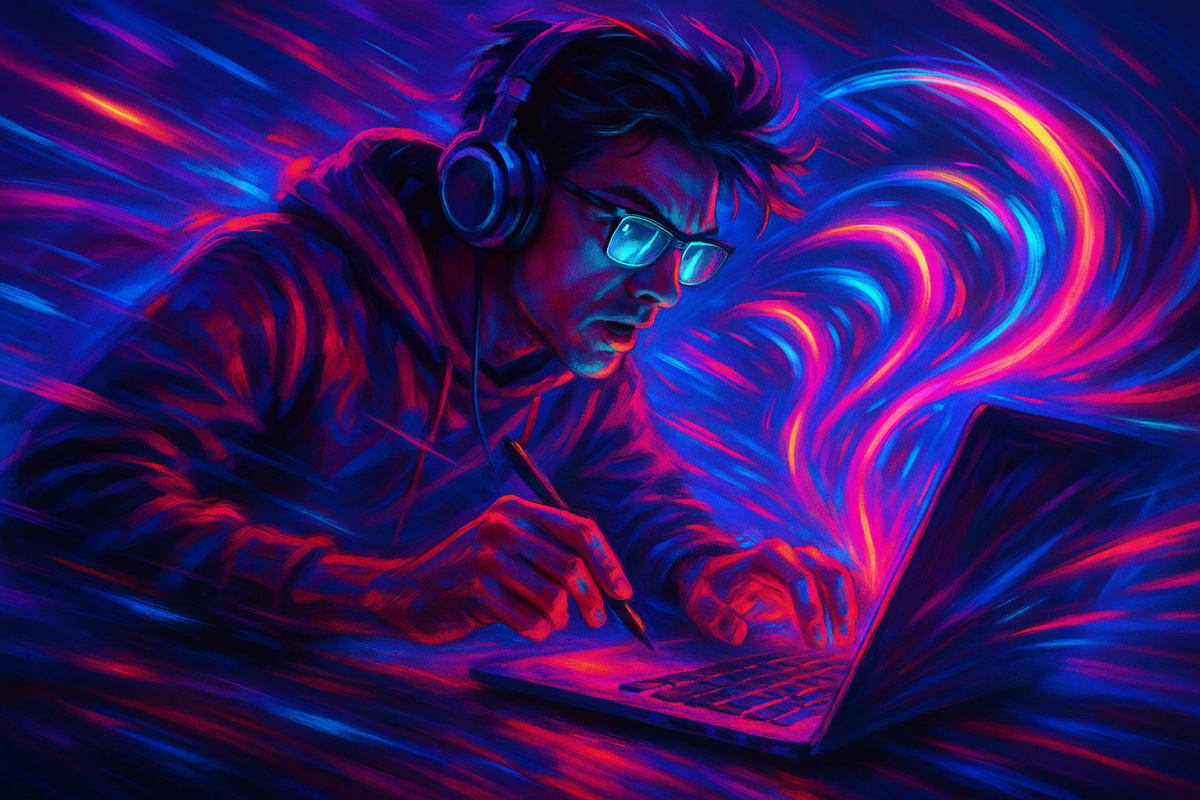 Creator using image to video AI technology with vibrant colors.
