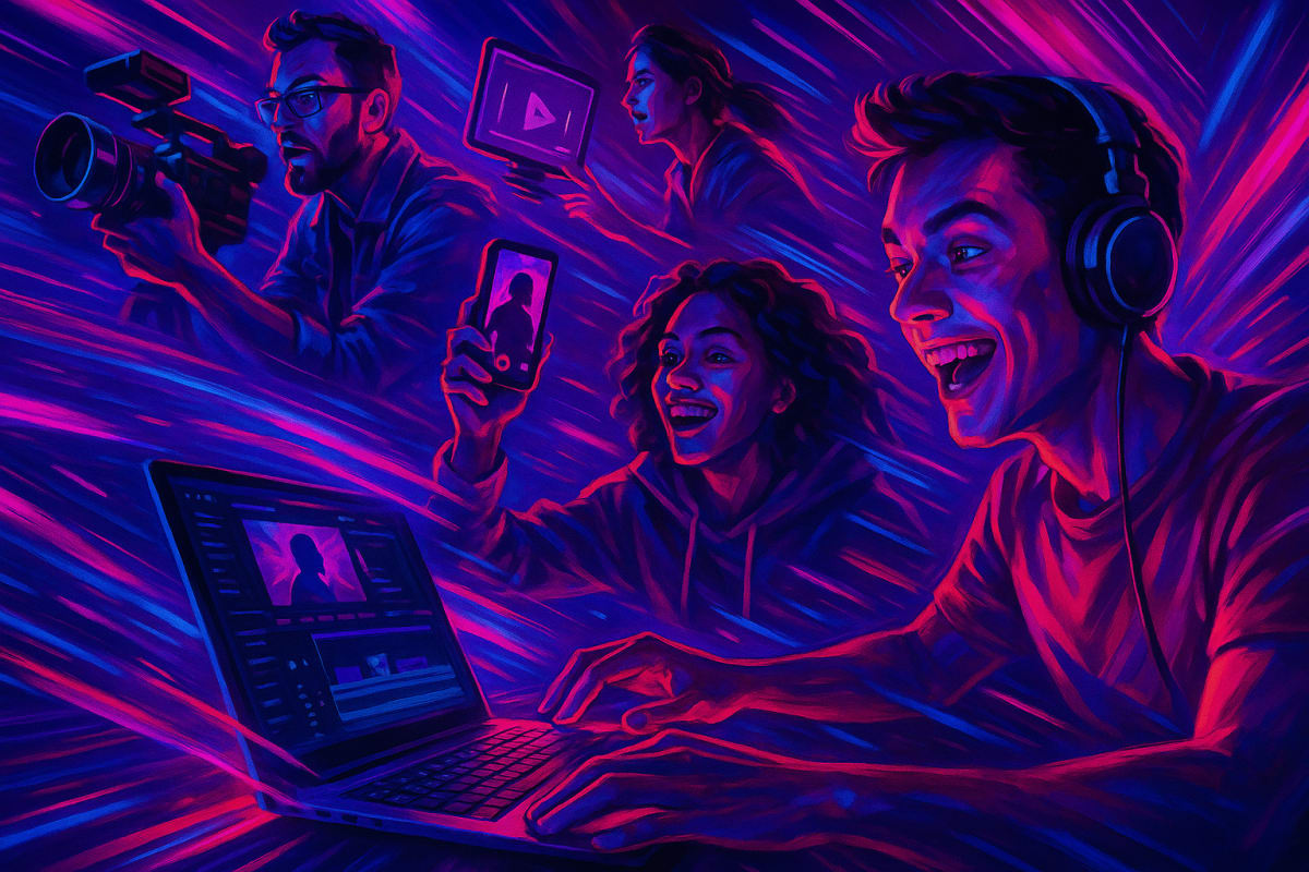 Creators using AI video generator with vibrant colors and motion blur.