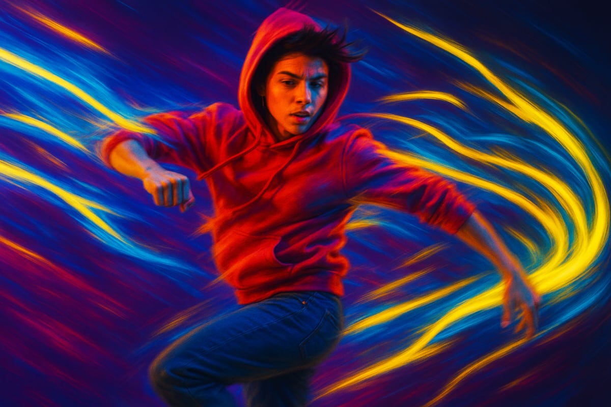 A character animated using AI dance generator with motion effects.