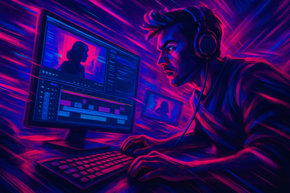 Creator working with text to video AI tools, vibrant colors