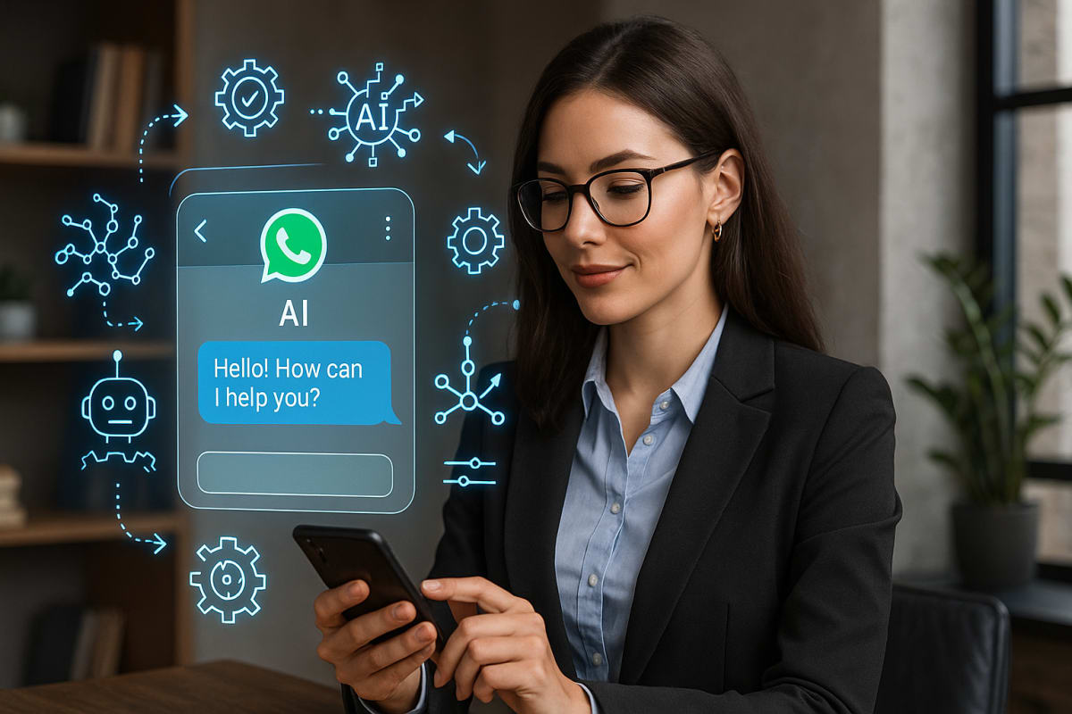 A modern business setting with a WhatsApp automation interface illustrating seamless customer interaction.