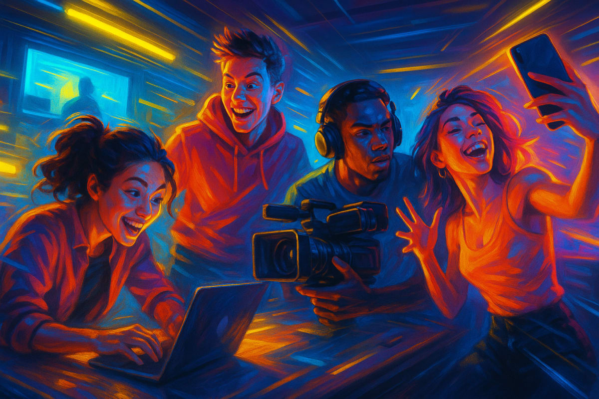 Creators using AI video tools in a vibrant studio setting.