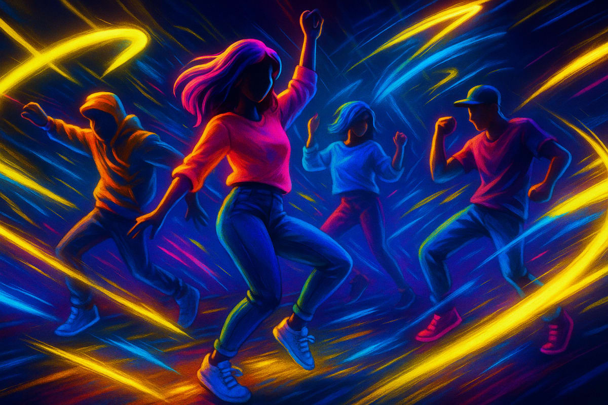 AI dance generator bringing dynamic movement to video with neon energy.