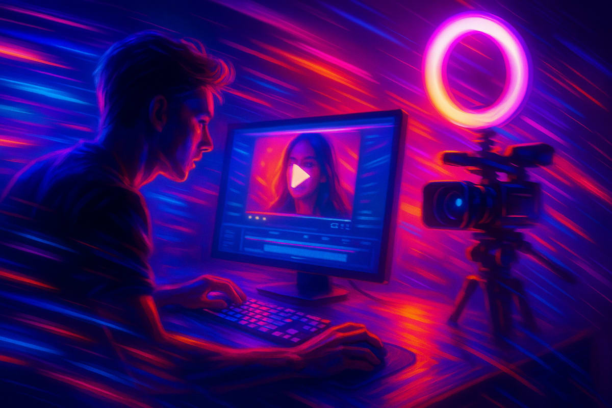 Neon-themed AI video generator setup, showcasing creative energy.