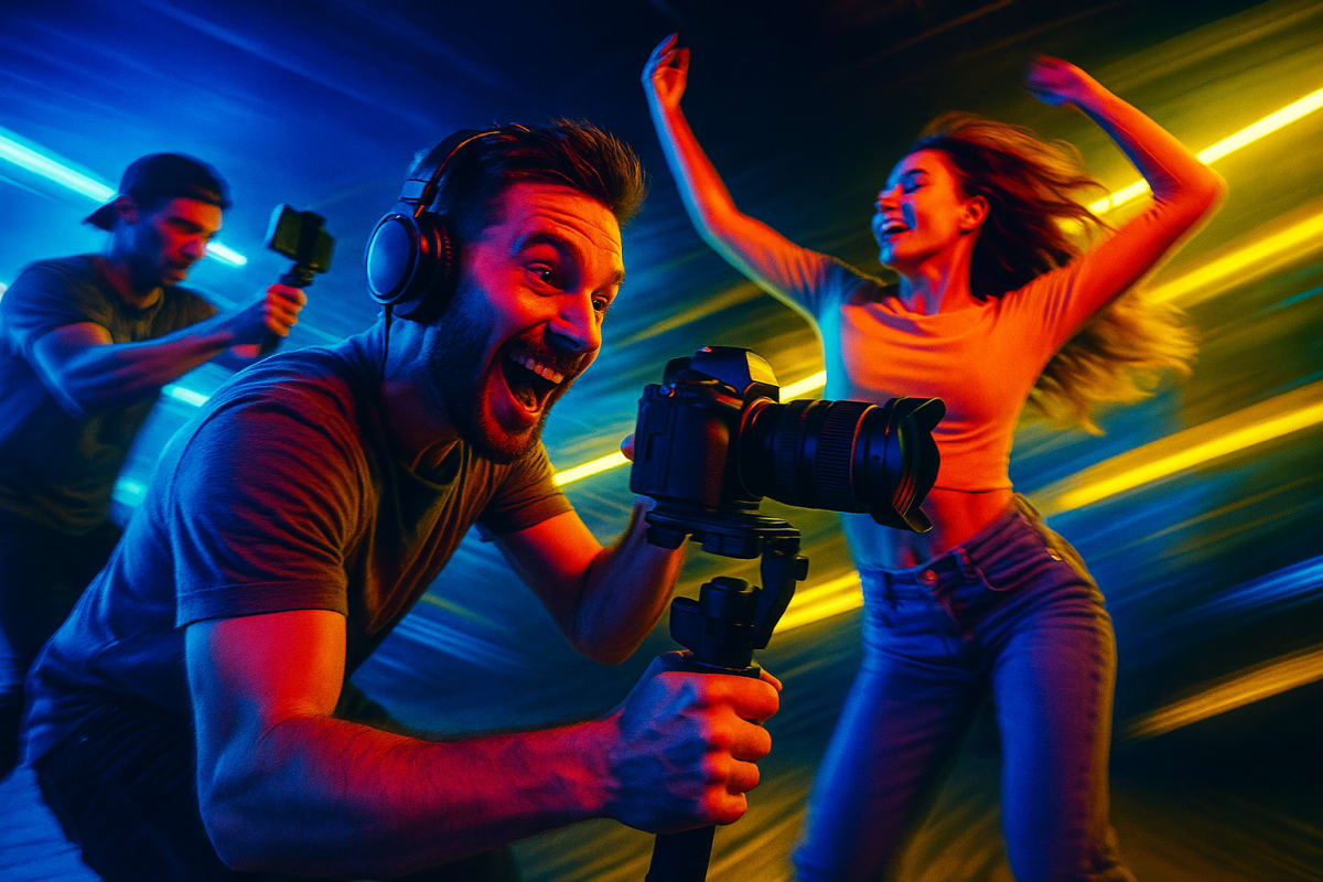 AI video scene with creators using advanced tools and bold lighting.