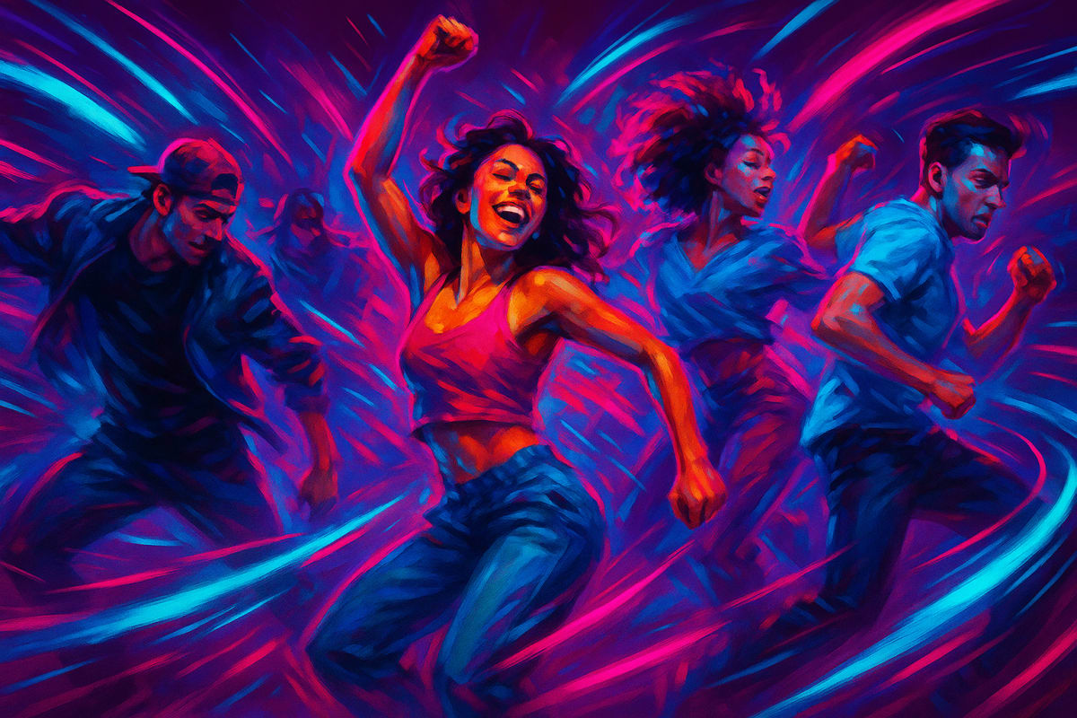 Colorful AI dance scene showcasing motion transfer with neon highlights.