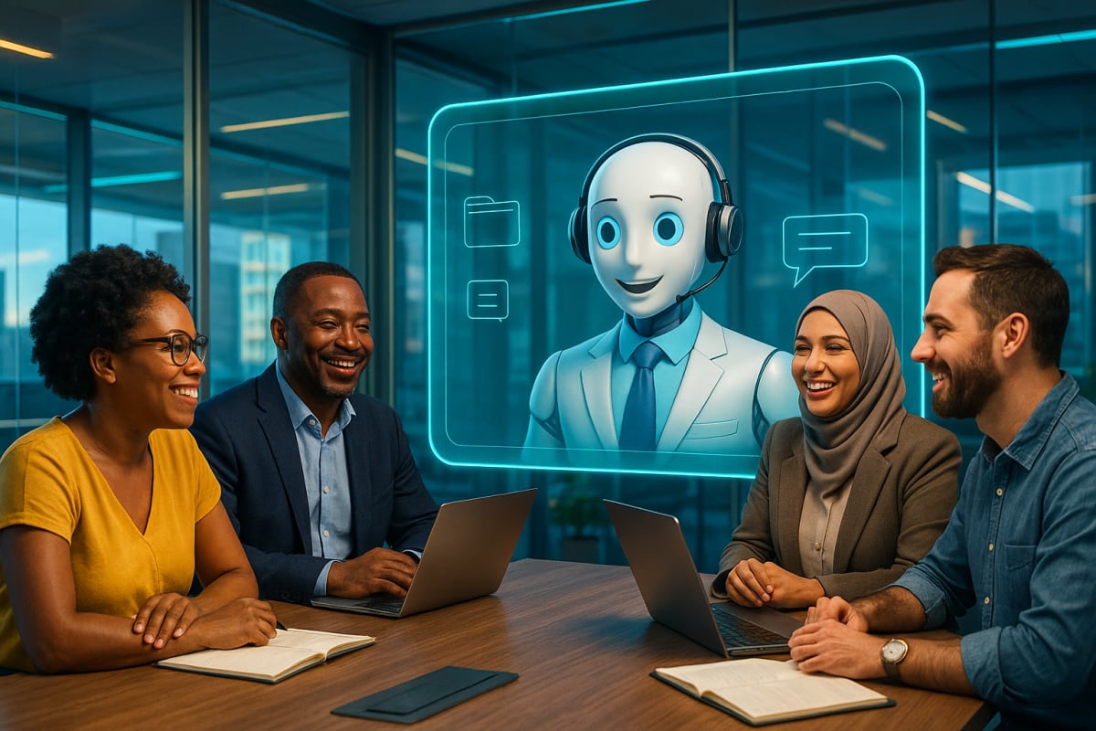 WhatsApp AI chatbot illustration with small business icons, AI-driven support