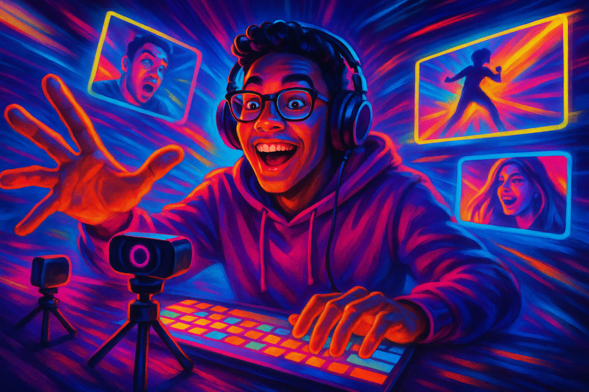 Digital creator exploring text to video AI with vibrant, dynamic video elements.