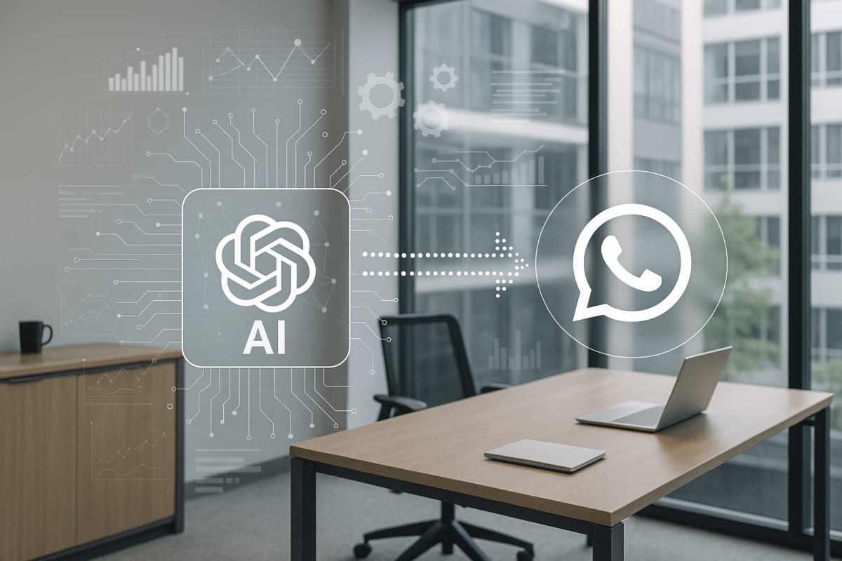 WhatsApp Business automation enhanced by AI technologies, featuring a futuristic office with digital screens