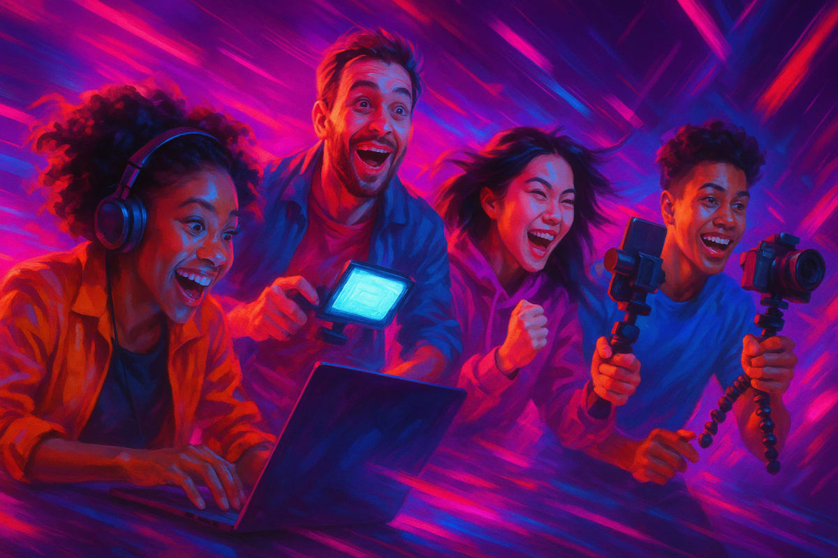 Creators exploring AI video tools in a vibrant, dynamic scene.