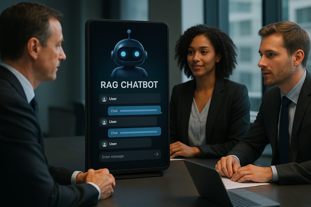 RAG chatbot for business depicted with AI engaging with users