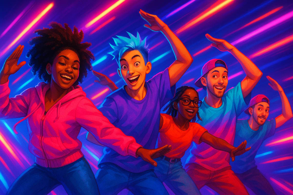 Digital avatars using an AI dance generator with vibrant neon lights.