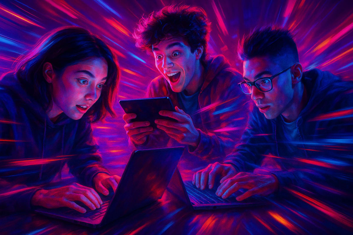 Creators using text to video AI tools with vibrant colors and dynamic motion.