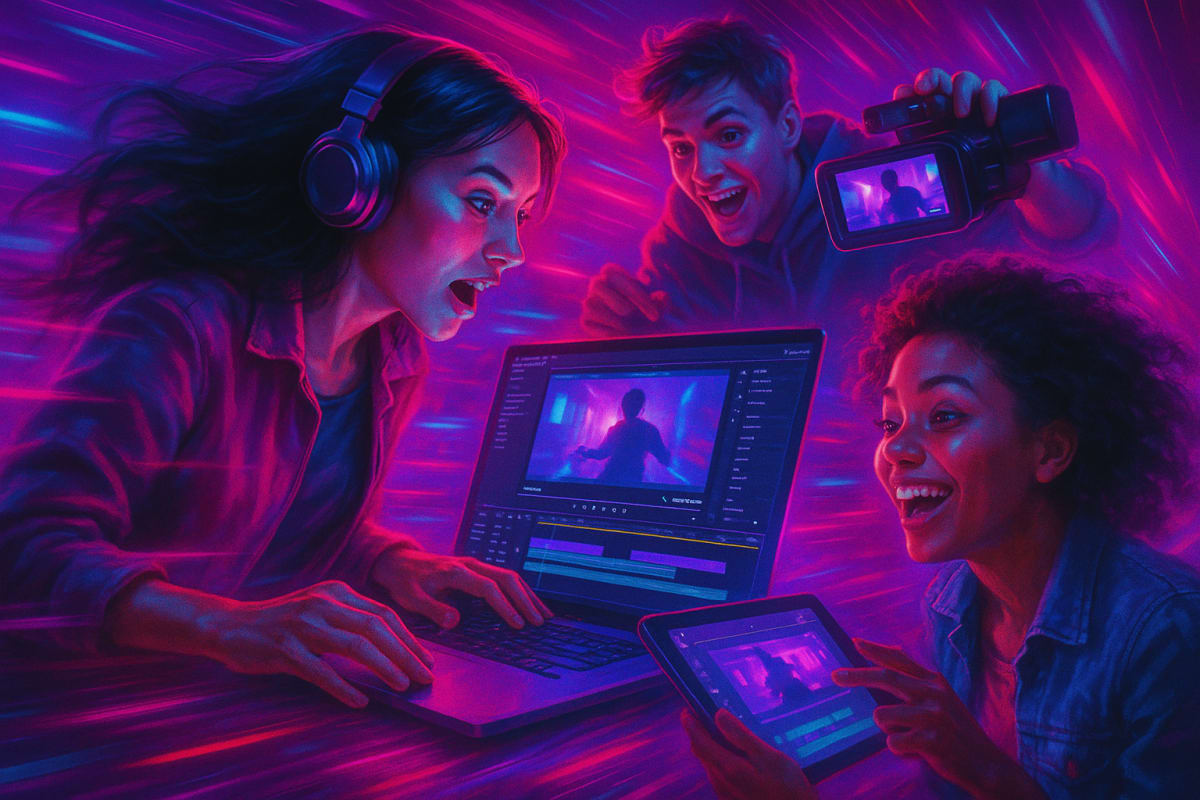 Creators utilizing AI video technology with vibrant colors and dynamic visuals.