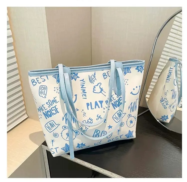 Blue and White Doodle Print Totebag - Image 1