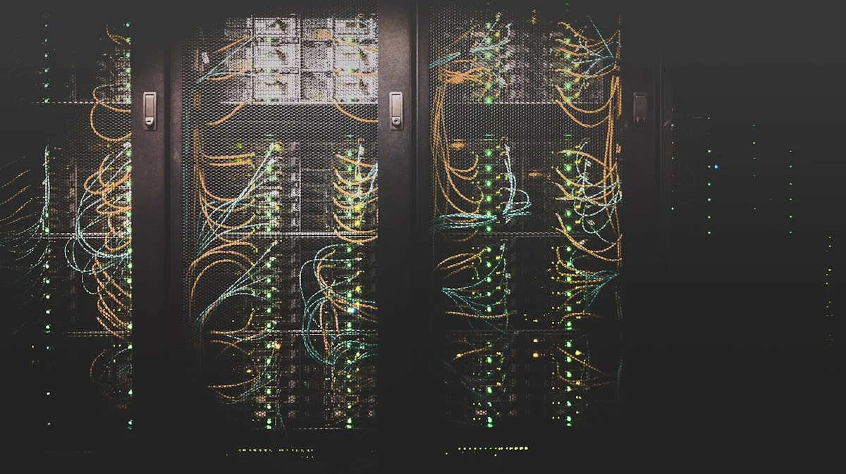 A high-tech data center with glowing blue lights representing the future of compute