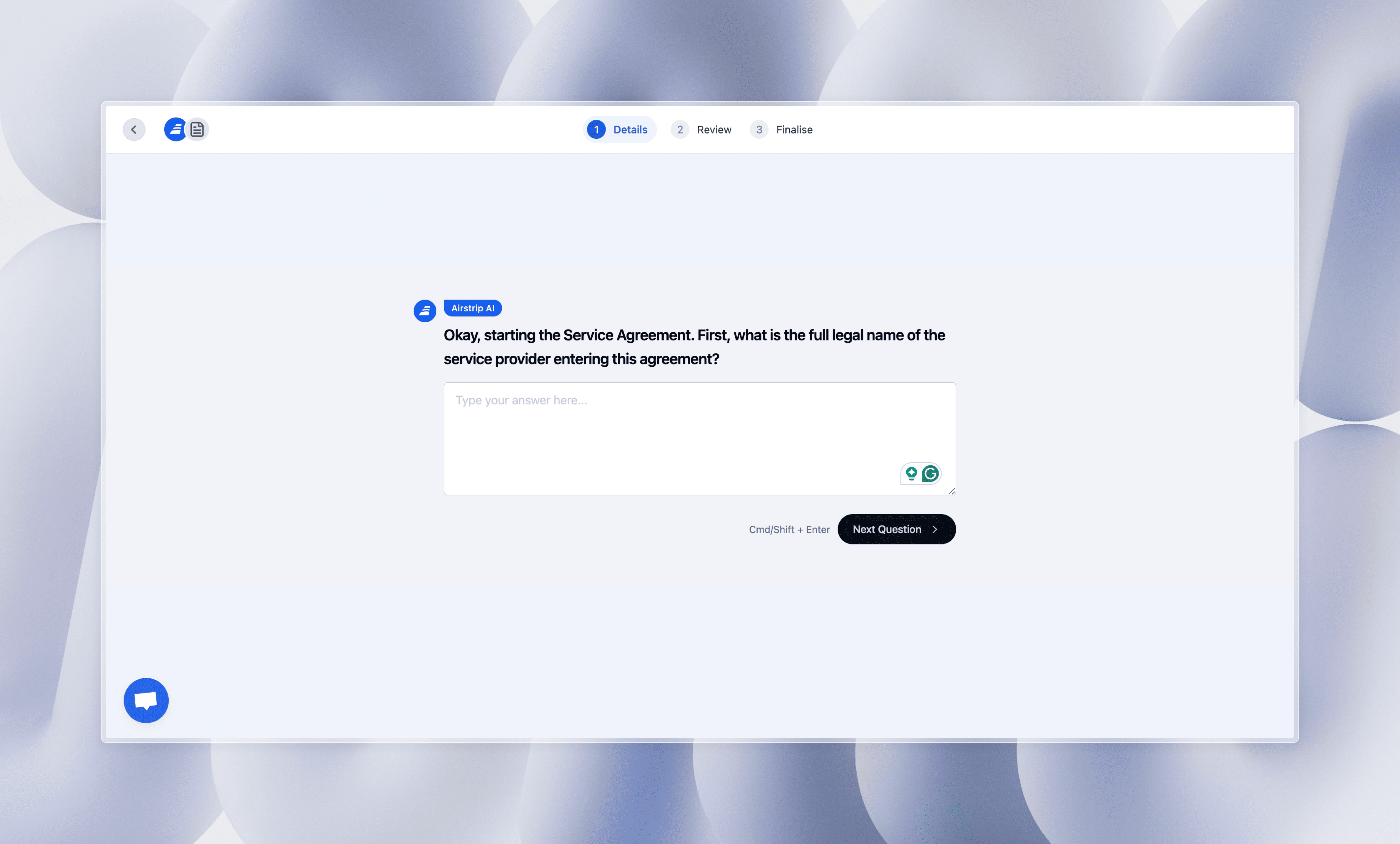 Airstrip AI interface showing a small business contract creation process